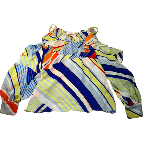 Parker Women’s Cold Shoulder Ruffle Blouse Multicolor Stripe Chiffon Top Medium - Picture 1 of 13